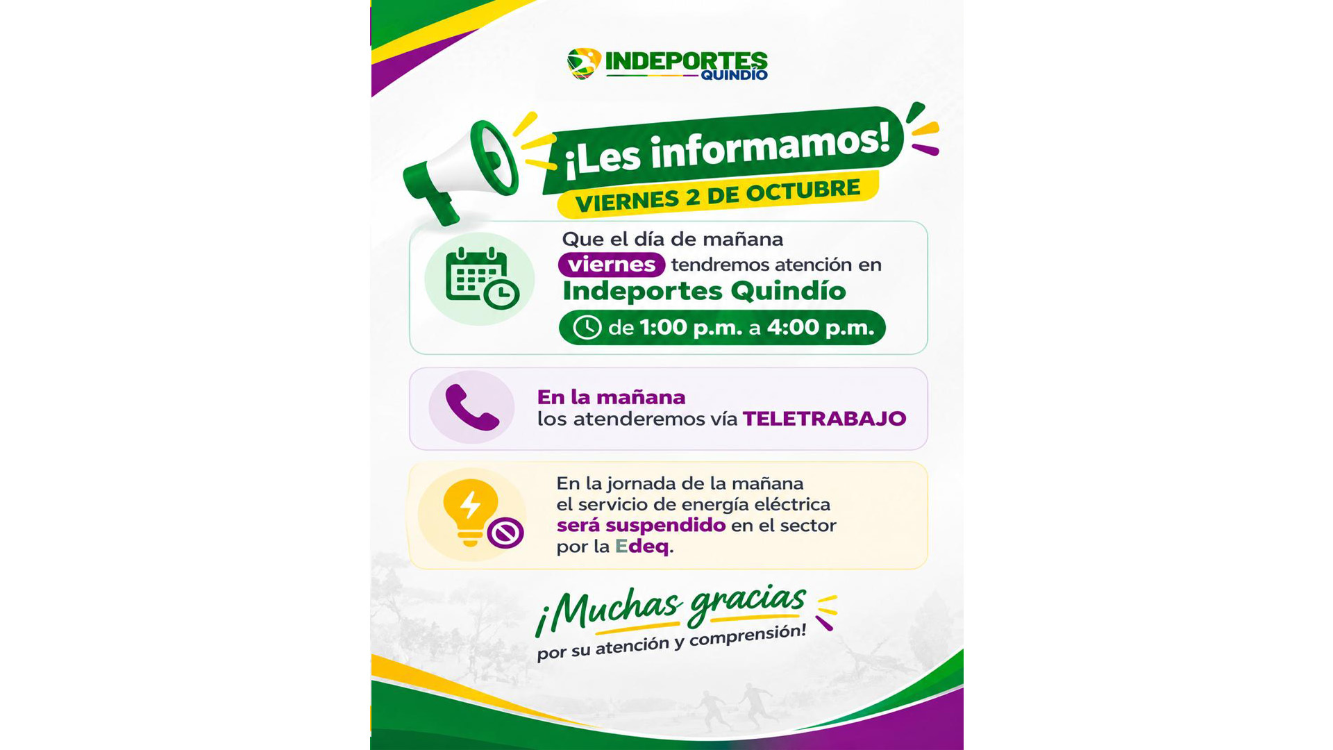 HORARIO DE ATENCION VIERNES 2 DE OCTUBRE